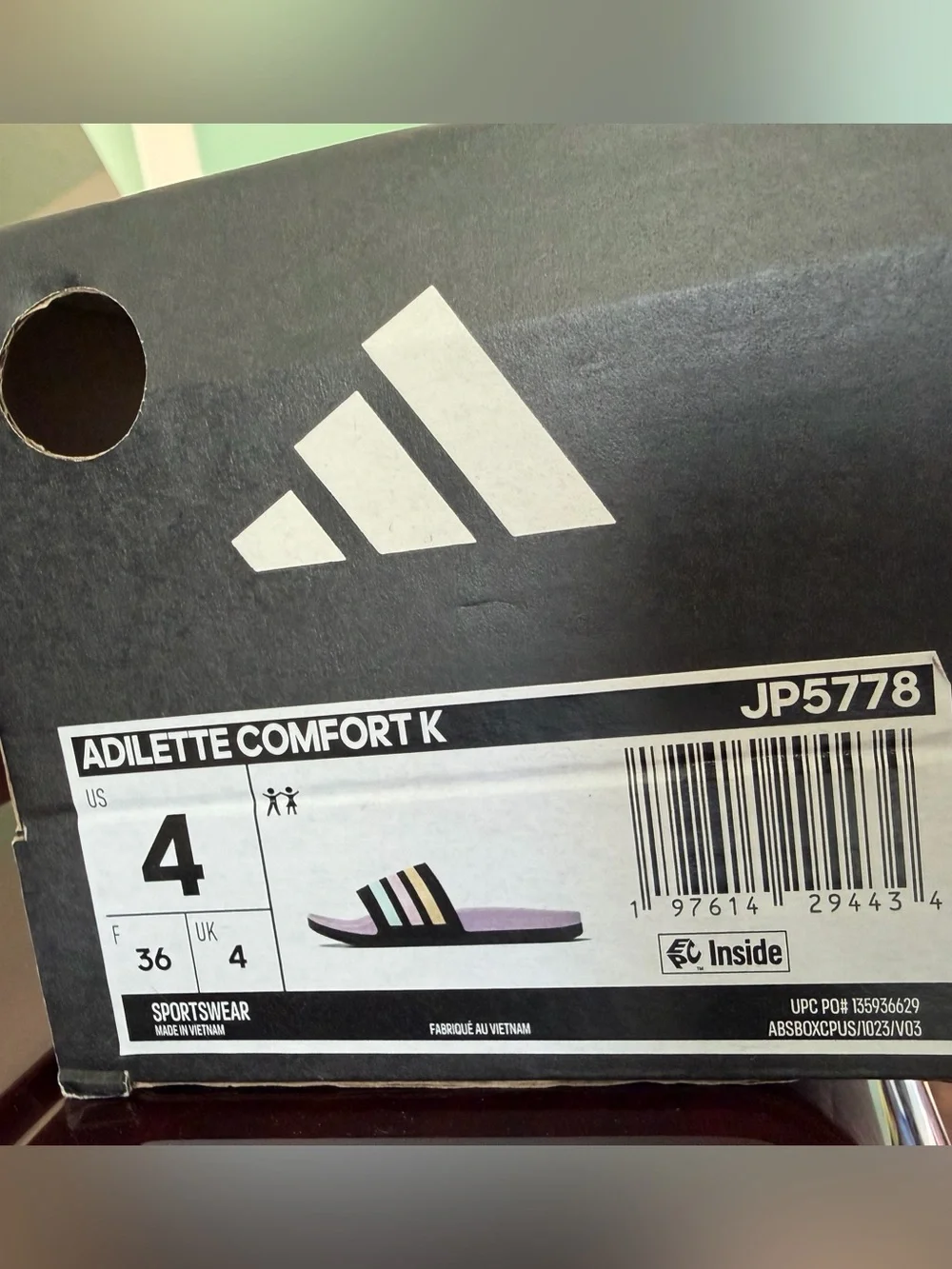 adidas girl’s Pink Slide Sandals with Black Strap and Pastel Stripes size 4